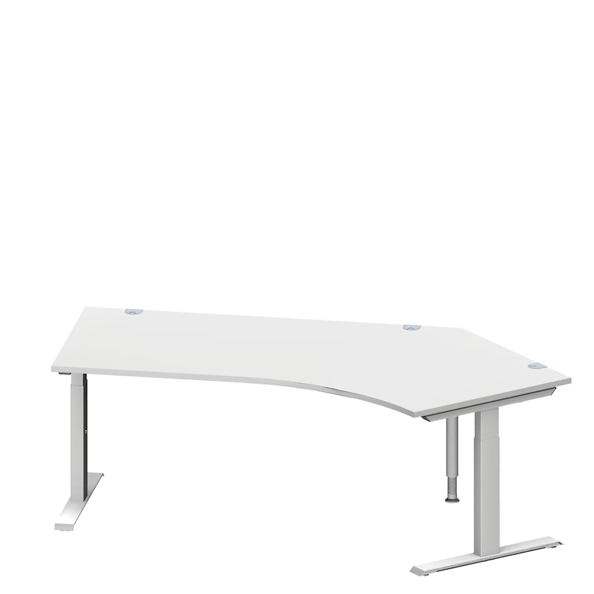 Schäfer Shop Escritorio angular Genius MODENA FLEX, ángulo recto 135°, tubo rectangular con pie en T, An 2165 x P 800/800 x Al 650-850 mm, aluminio gris claro/blanco