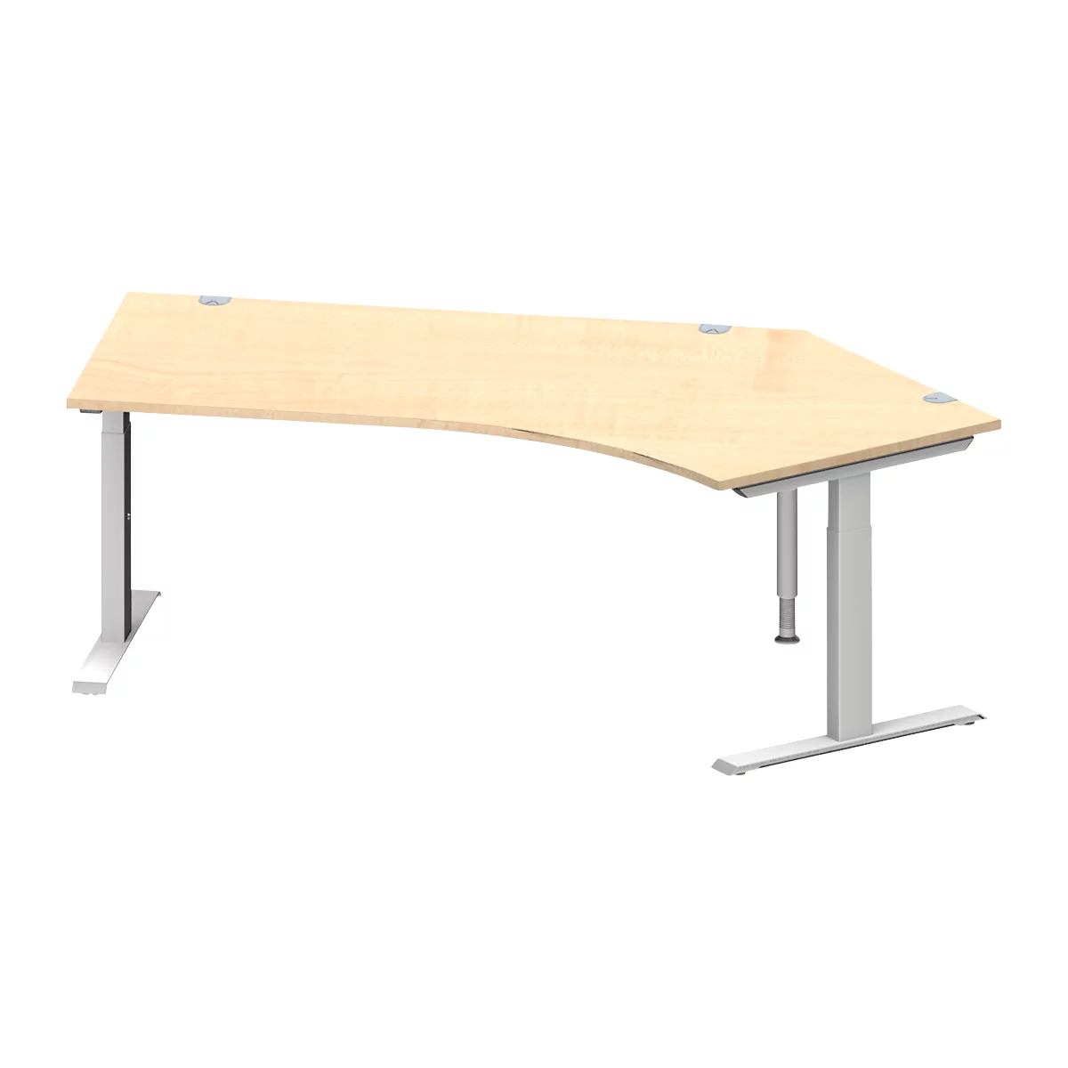 Schäfer Shop Escritorio angular Genius MODENA FLEX, ángulo recto 135°, tubo rectangular con pie en T, An 2165 x P 800/800 x Al 650-850 mm, arce/aluminio blanco