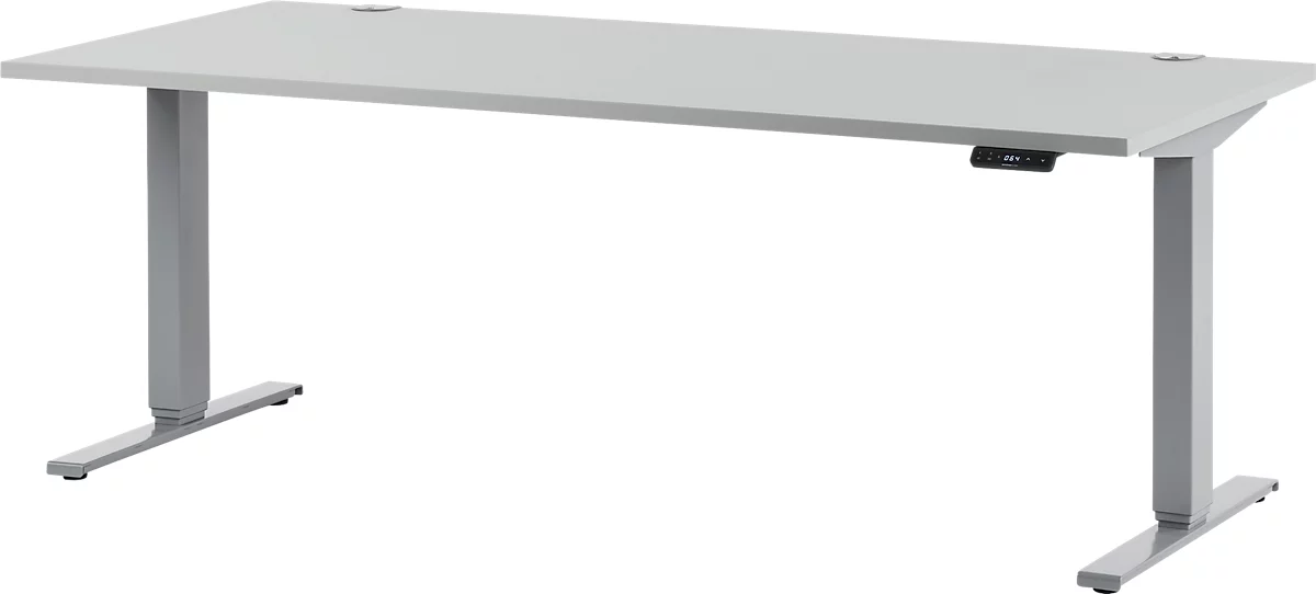 Schäfer Shop Escritorio Genius AERO FLEX, regulable eléctricamente en altura, rectangular, pie en T, ancho 1600 mm, aluminio gris claro/blanco
