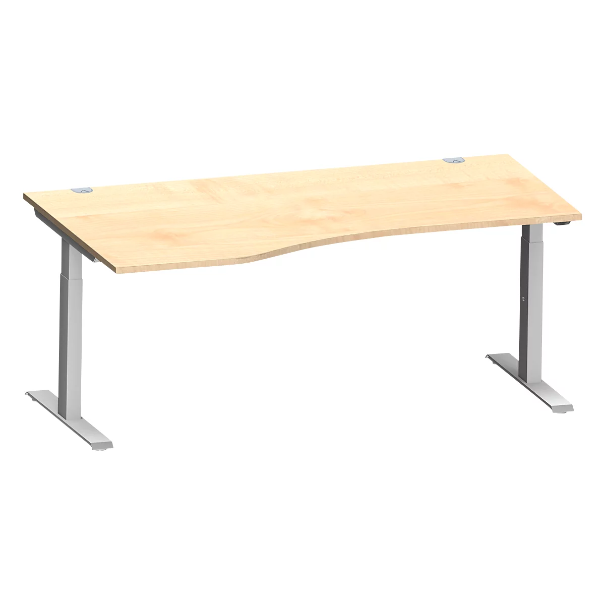 Schäfer Shop Escritorio Genius MODENA FLEX, forma libre a la izquierda, tubo rectangular con patas en T, An 1800 x P 1000/800 x Al 650-850 mm, arce/aluminio blanco