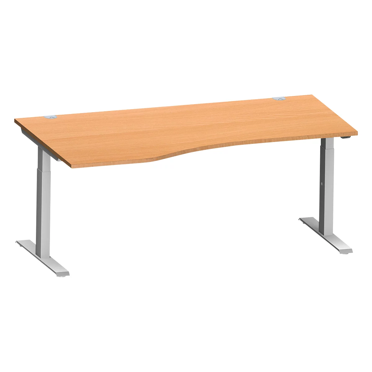 Schäfer Shop Escritorio Genius MODENA FLEX, forma libre a la izquierda, tubo rectangular con patas en T, An 1800 x P 1000/800 x Al 650-850 mm, haya/alu blanco