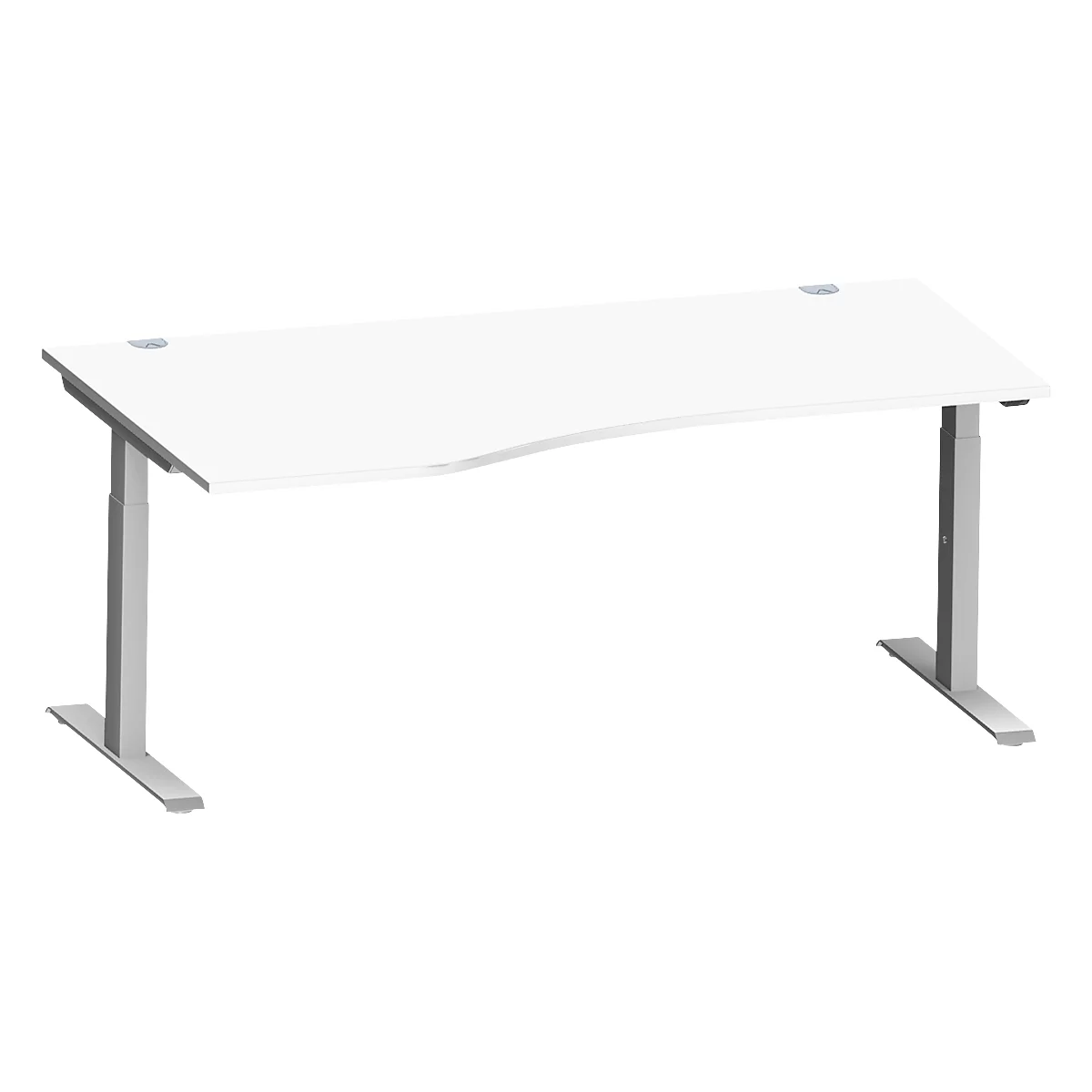 Schäfer Shop Escritorio Genius MODENA FLEX, forma libre a la izquierda, tubo rectangular con patas en T, ancho 1800 x fondo 1000/800 x alto 650-850 mm, aluminio blanco/blanco