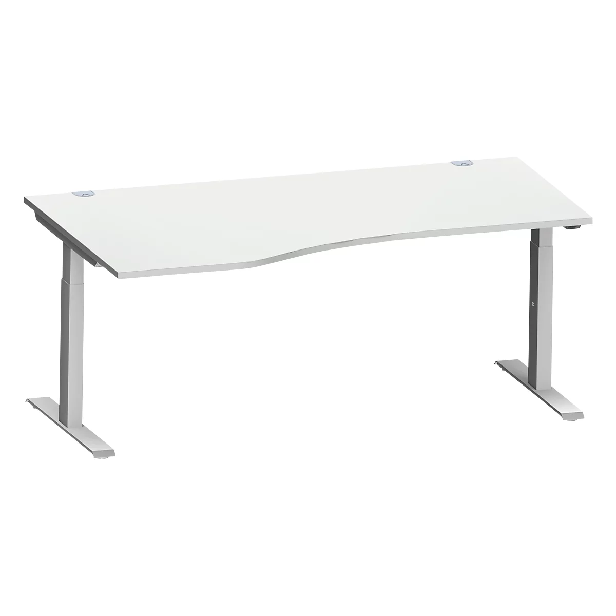 Schäfer Shop Escritorio Genius MODENA FLEX, forma libre a la izquierda, tubo rectangular con patas en T, ancho 1800 x fondo 1000/800 x alto 650-850 mm, aluminio gris claro/blanco