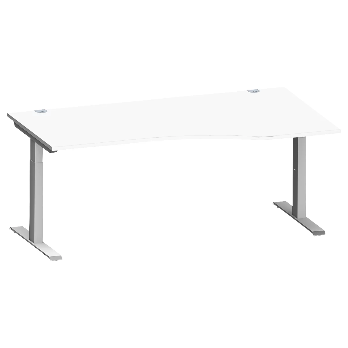 Schäfer Shop Escritorio Genius MODENA FLEX, forma libre derecha, tubo rectangular con patas en T, An 1800 x P 1000/800 x Al 650-850 mm, aluminio blanco/blanco