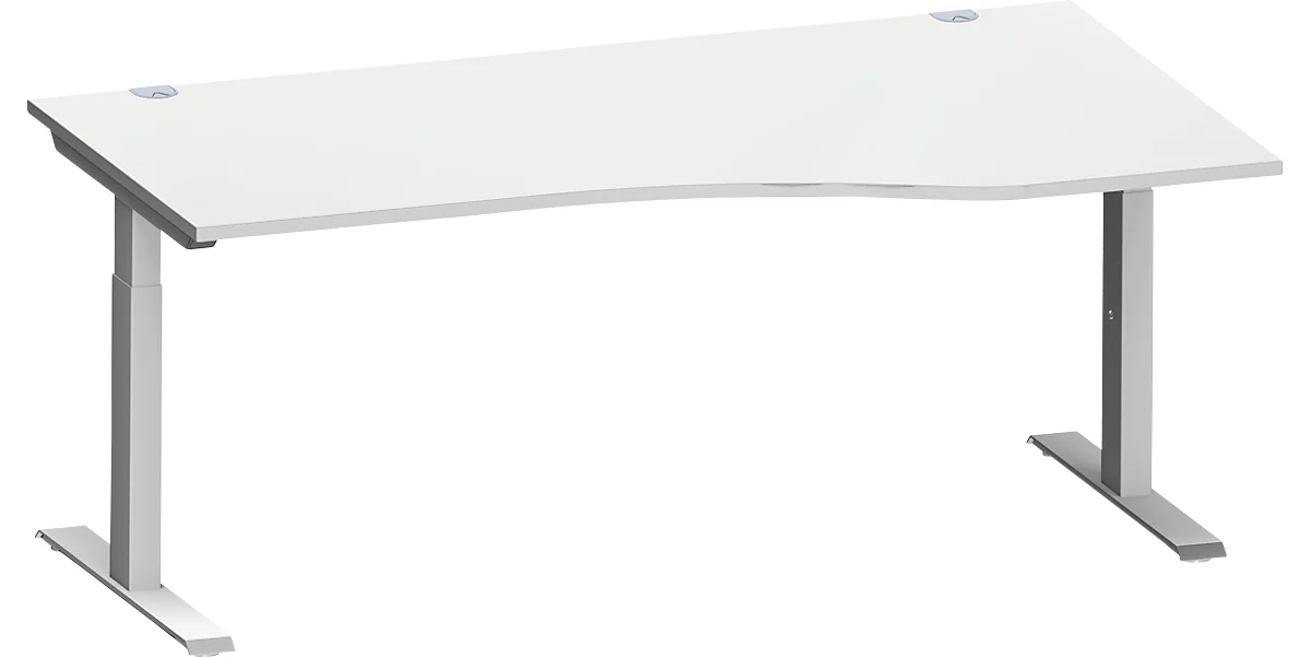Schäfer Shop Escritorio Genius MODENA FLEX, forma libre derecha, tubo rectangular con patas en T, An 1800 x P 1000/800 x Al 650-850 mm, aluminio gris claro/blanco