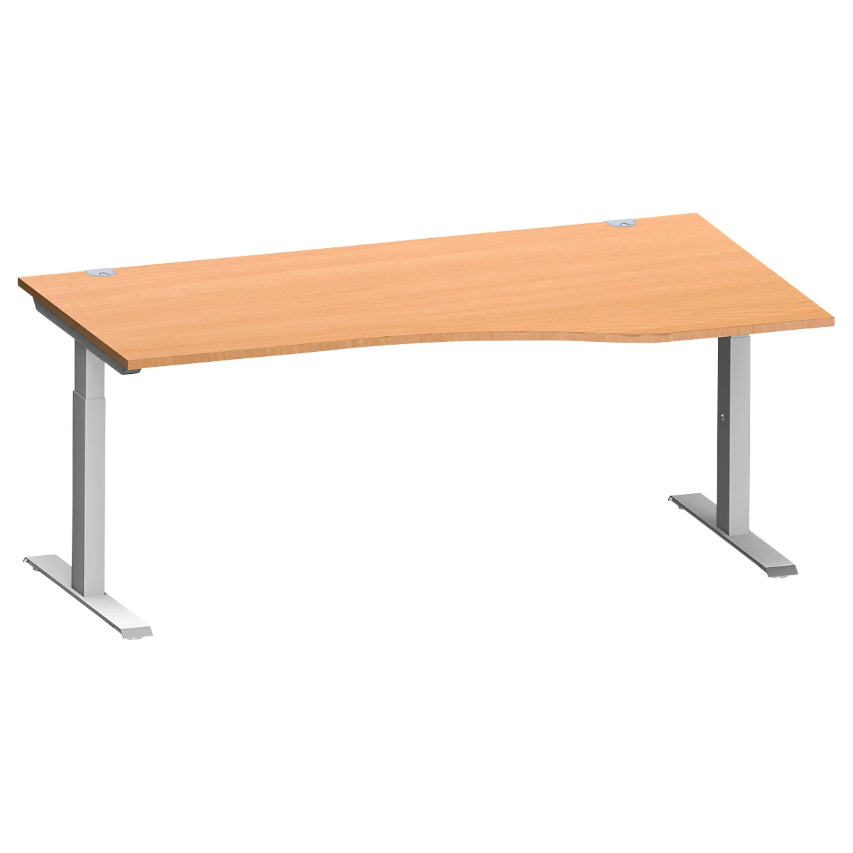 Schäfer Shop Escritorio Genius MODENA FLEX, forma libre derecha, tubo rectangular con patas en T, An 1800 x P 1000/800 x Al 650-850 mm, haya/alu blanco