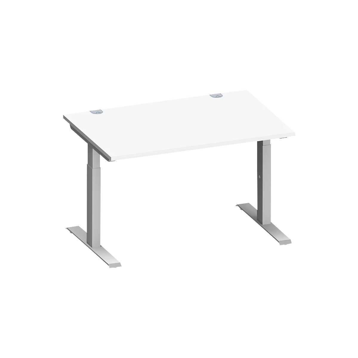 Schäfer Shop Escritorio Genius MODENA FLEX, rectangular, tubo rectangular con patas en T, An 1200 x F 800 x Al 650-850 mm, aluminio blanco/blanco