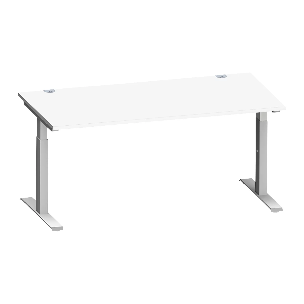 Schäfer Shop Escritorio Genius MODENA FLEX, rectangular, tubo rectangular con patas en T, An 1600 x F 800 x Al 650-850 mm, aluminio blanco/blanco