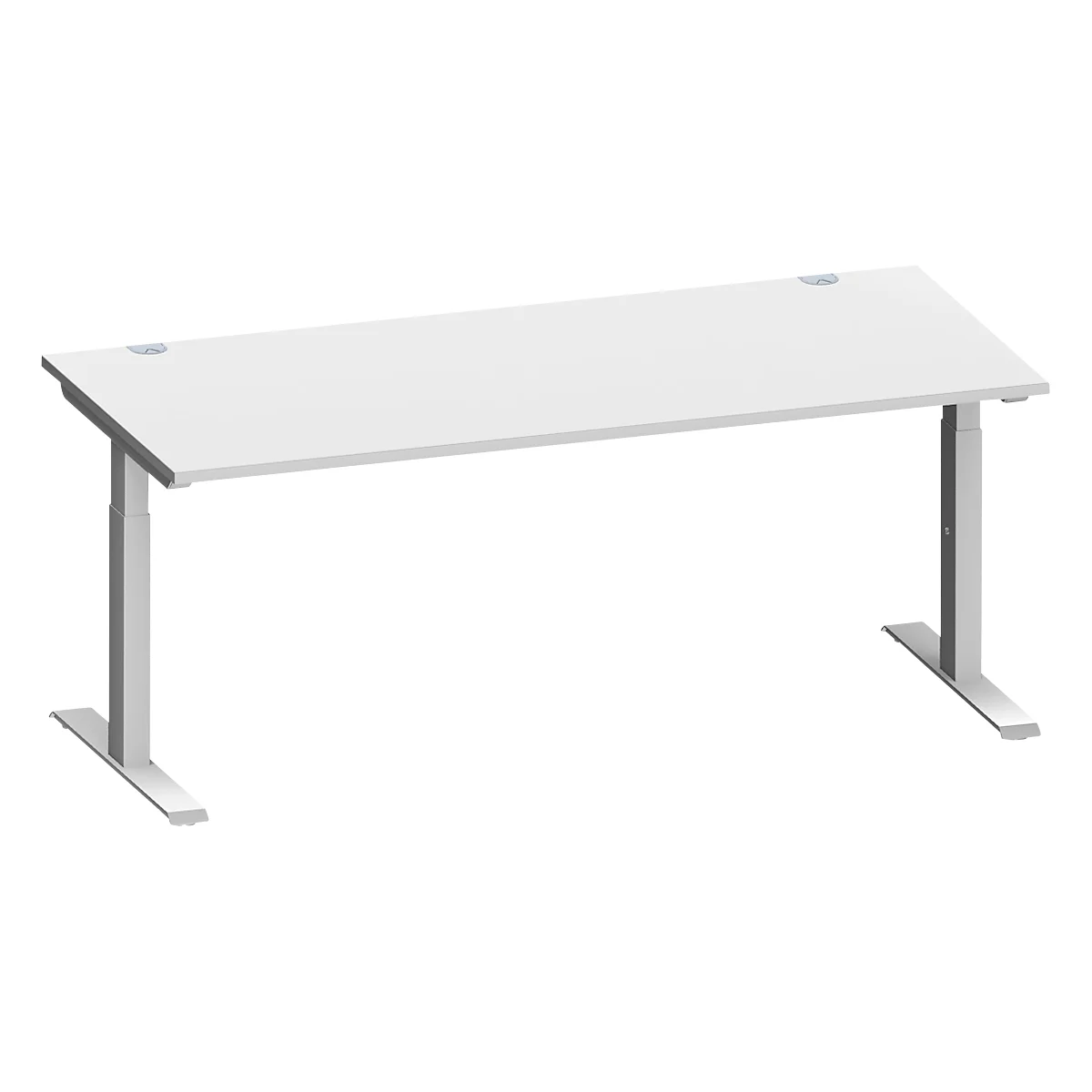 Schäfer Shop Escritorio Genius MODENA FLEX, rectangular, tubo rectangular con patas en T, An 1800 x P 800 x Al 650-850 mm, aluminio gris claro/blanco