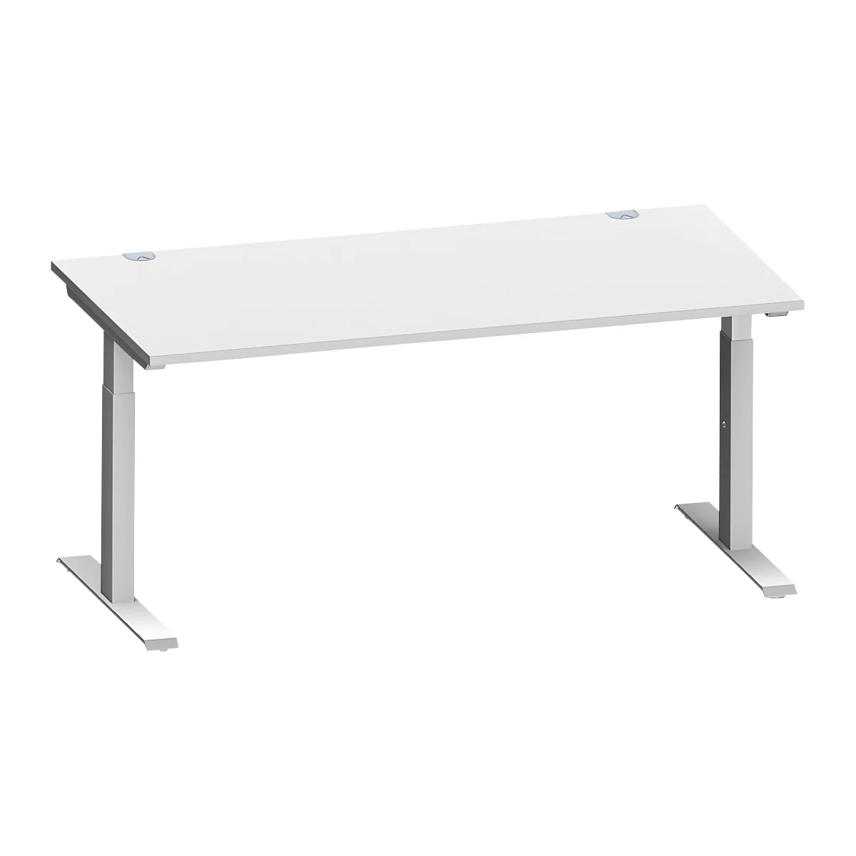 Schäfer Shop Escritorio Genius MODENA FLEX, rectangular, tubo rectangular con patas en T, ancho 1600 x fondo 800 x alto 650-850 mm, aluminio gris claro/blanco