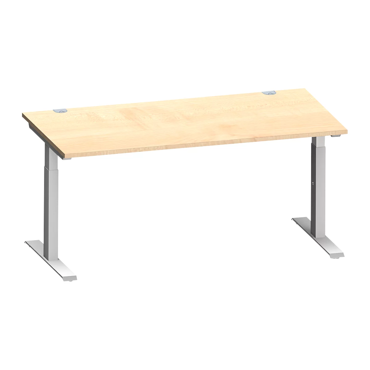 Schäfer Shop Escritorio Genius MODENA FLEX, rectangular, tubo rectangular con patas en T, ancho 1600 x fondo 800 x alto 650-850 mm, arce/aluminio blanco