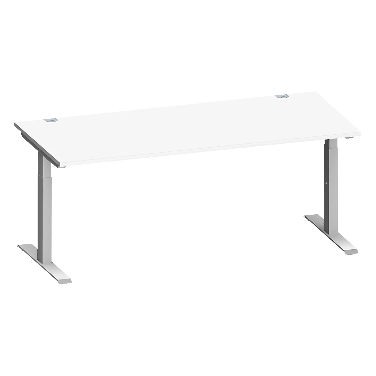 Schäfer Shop Escritorio Genius MODENA FLEX, rectangular, tubo rectangular con patas en T, ancho 1800 x fondo 800 x alto 650-850 mm, aluminio blanco/blanco