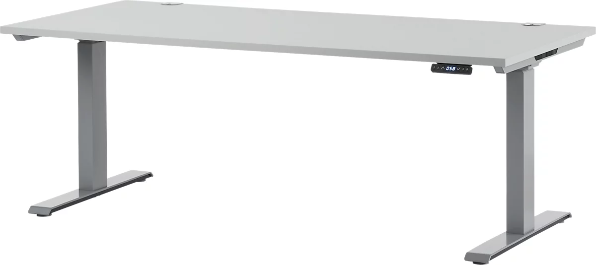 Schäfer Shop Escritorio Genius MODENA FLEX, regulable eléctricamente en altura, rectangular, pata en T, ancho 1800 x fondo 800 mm, aluminio gris claro/blanco