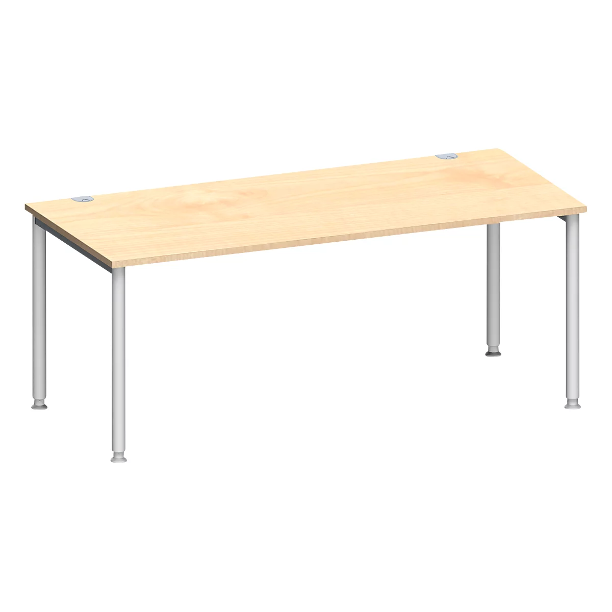 Escritorio marrón claro con patas plateadas. Dos aberturas en la parte superior. Vista en perspectiva.