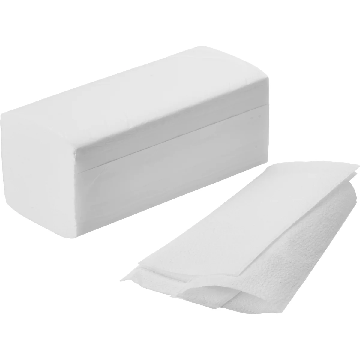 Une pile rectangulaire de serviettes en papier blanches et deux serviettes tirées. Les serviettes sont propres et non utilisées.