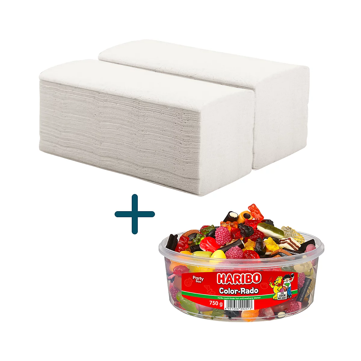 Deux serviettes en papier blanches à côté d'un bol de bonbons gélifiés Haribo colorés.