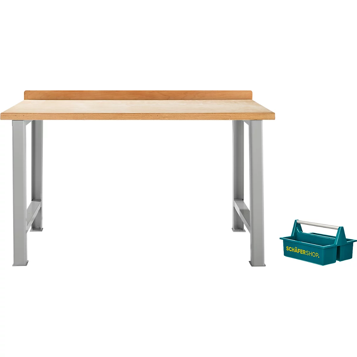 Établi avec plateau en bois, pieds gris et boîte à outils. Une étagère est sur l'établi. La boîte à outils porte l'inscription 'Schäfershop'.