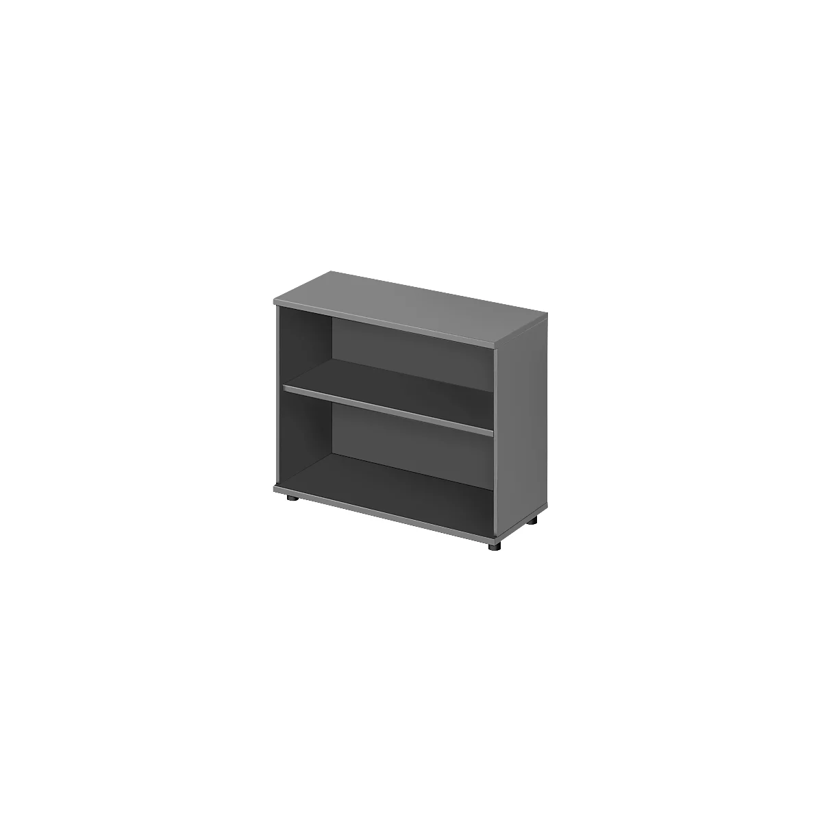Étagère grise à deux étagères, faite d'éléments rectangulaires, reposant sur de petits pieds.