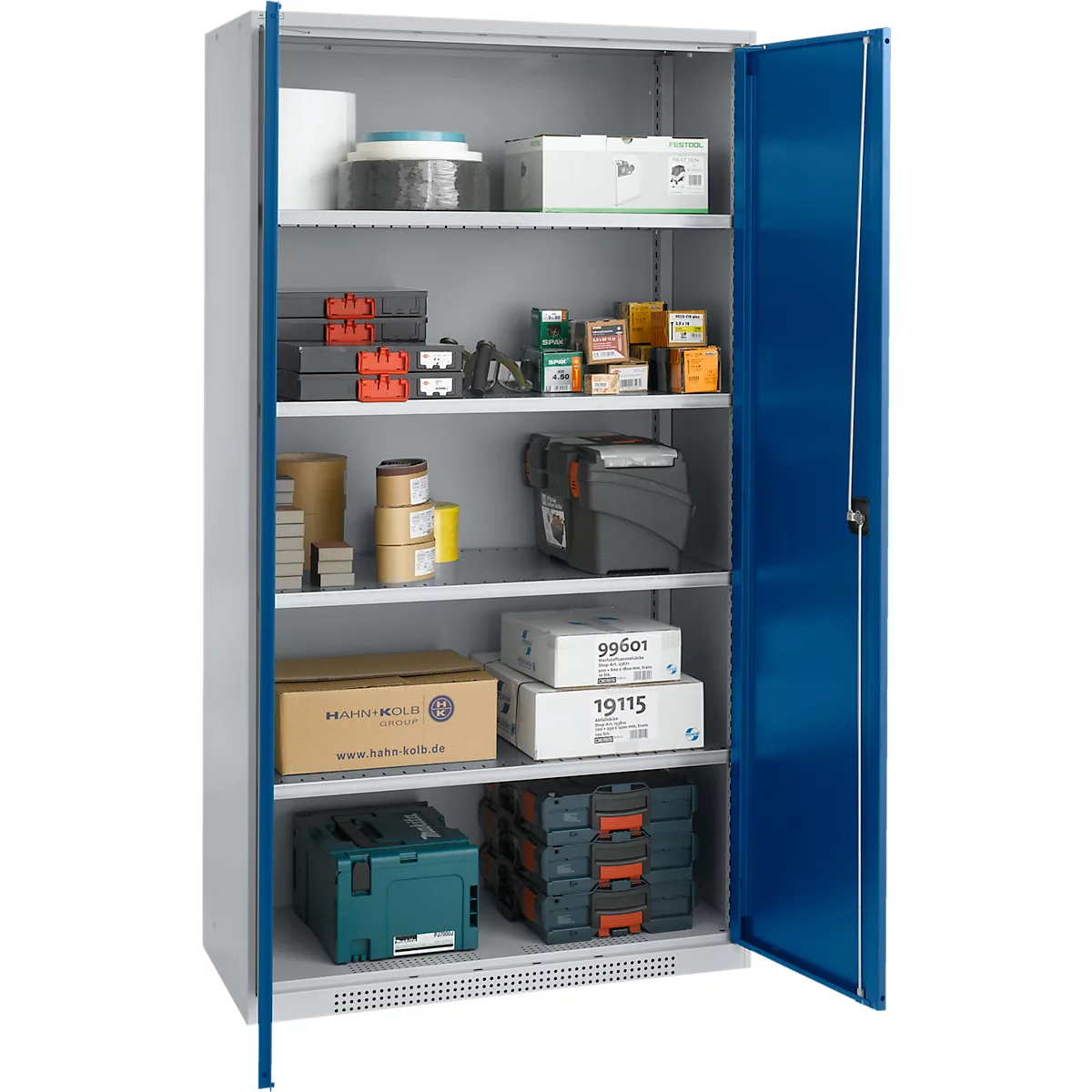 Schäfer Shop Geniu FS armario con puerta abatible, acero, con rejillas de ventilación, ancho 1055 x fondo 520 x alto 1950 mm, 5 OH, aluminio blanco/ azul genciana, hasta 500 kg