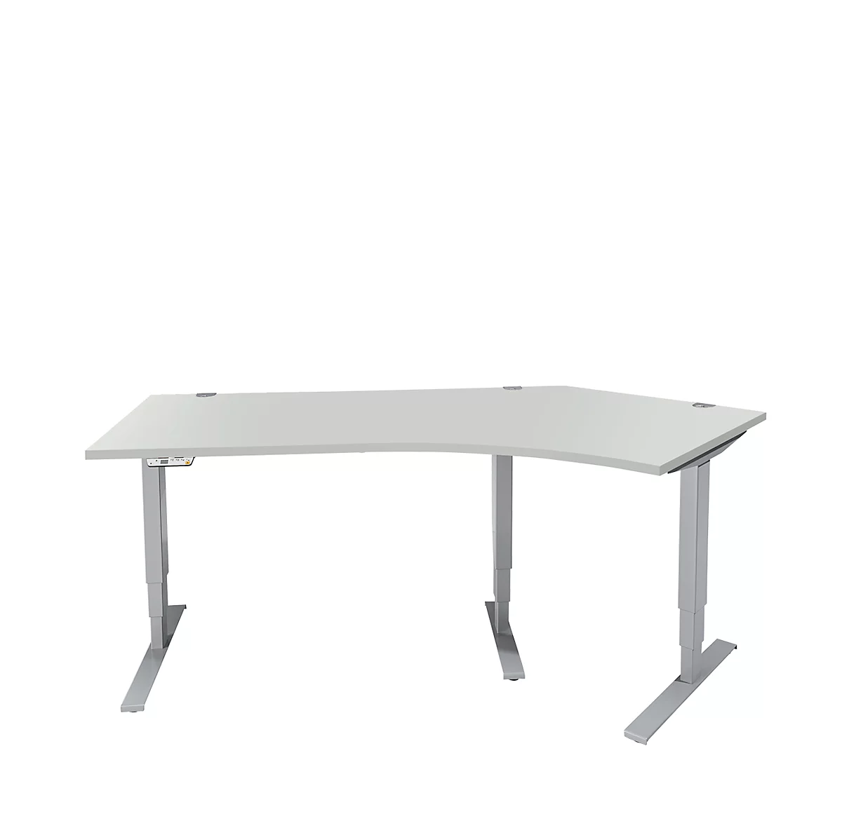 Schäfer Shop Genius AERO FLEX escritorio angular, regulable eléctricamente en altura, ángulo de 135° a la derecha, anchura 2165 mm, aluminio gris claro/blanco + panel de memoria