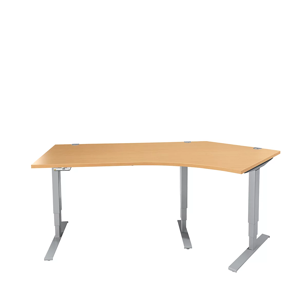 Schäfer Shop Genius AERO FLEX escritorio angular, regulable eléctricamente en altura, ángulo de 135° a la derecha, anchura 2165 mm, haya/aluminio blanco + panel de memoria