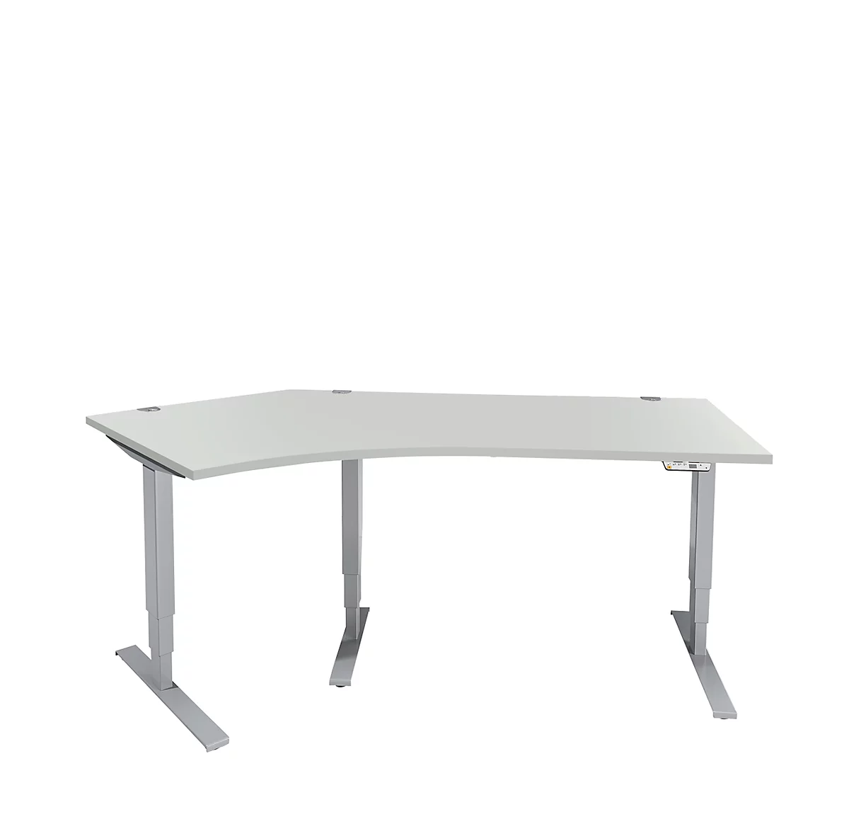 Schäfer Shop Genius AERO FLEX escritorio angular, regulable eléctricamente en altura, ángulo de 135° a la izquierda, anchura 2165 mm, aluminio gris claro/blanco + panel de memoria