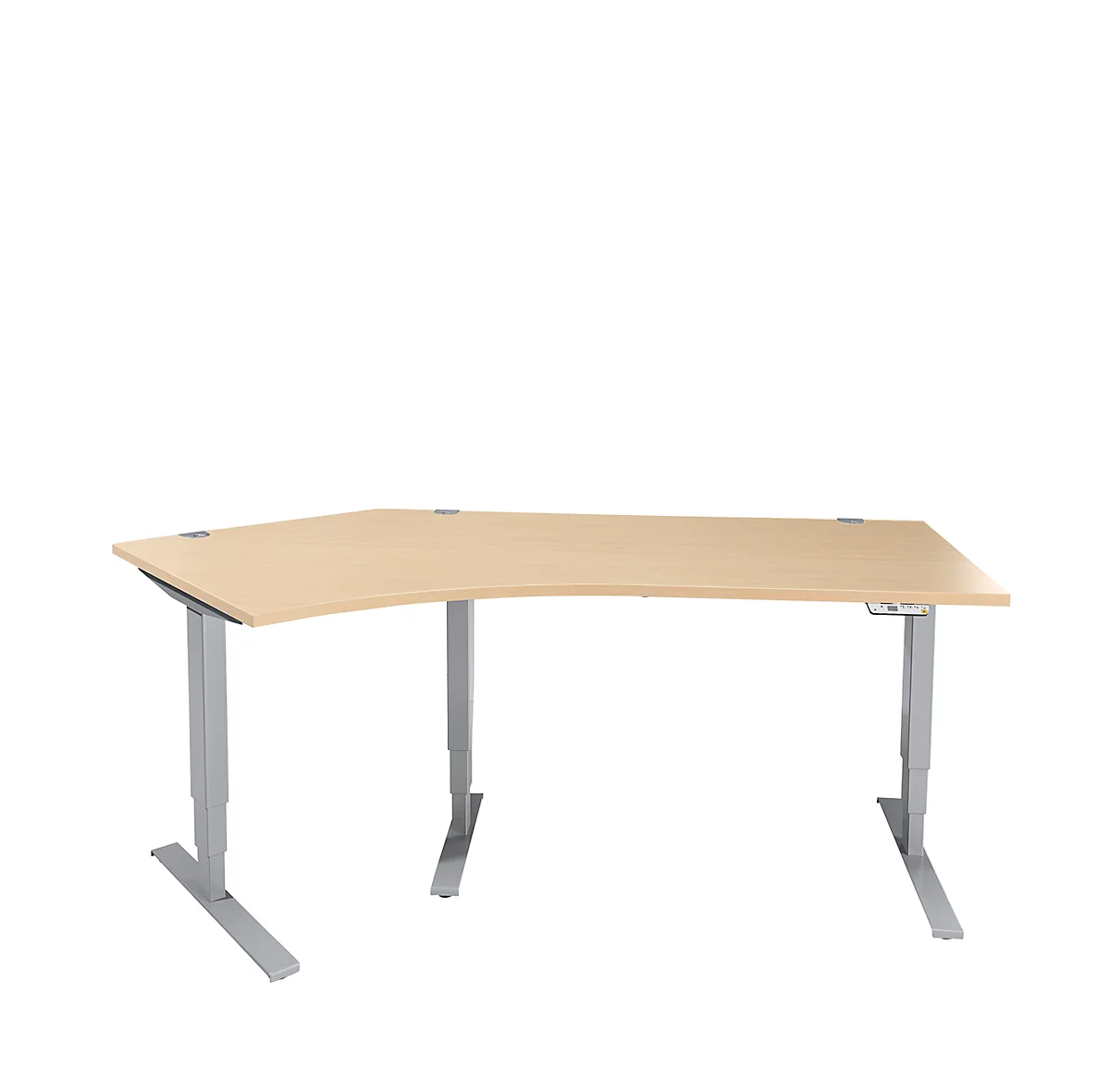 Schäfer Shop Genius AERO FLEX escritorio angular, regulable eléctricamente en altura, ángulo de 135° a la izquierda, anchura 2165 mm, arce/aluminio blanco + panel de memoria
