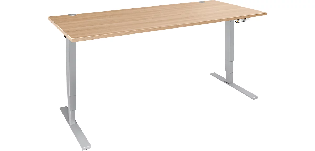 Schäfer Shop Genius AERO FLEX escritorio, regulable eléctricamente en altura, rectangular, pie en T, ancho 1600 mm, cerezo Romana/aluminio blanco
