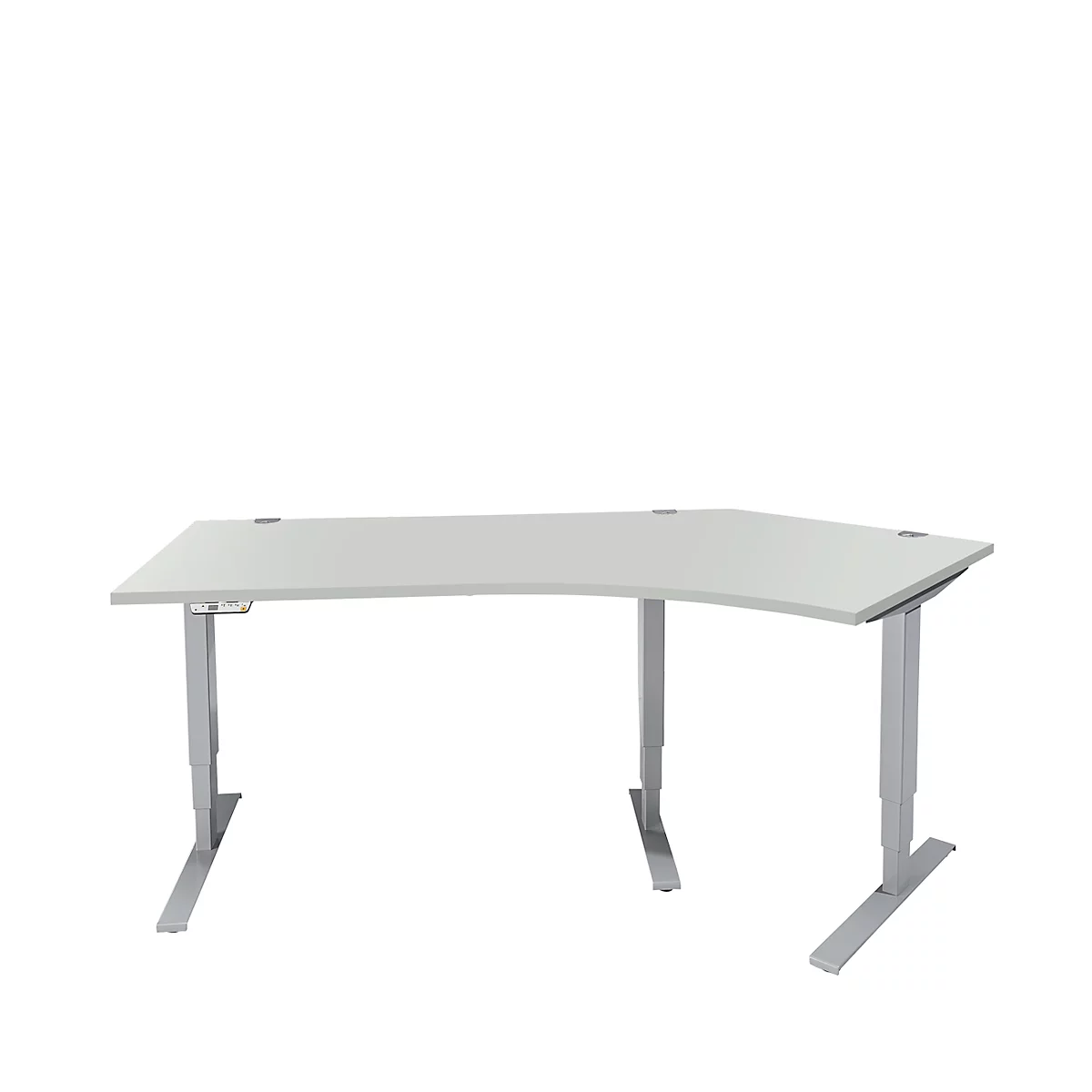 Schäfer Shop Genius AERO FLEX hoekbureau, elektrisch in hoogte verstelbaar, hoek 135° rechts, B 2165 mm, aluminium lichtgrijs/wit + memoryplaat