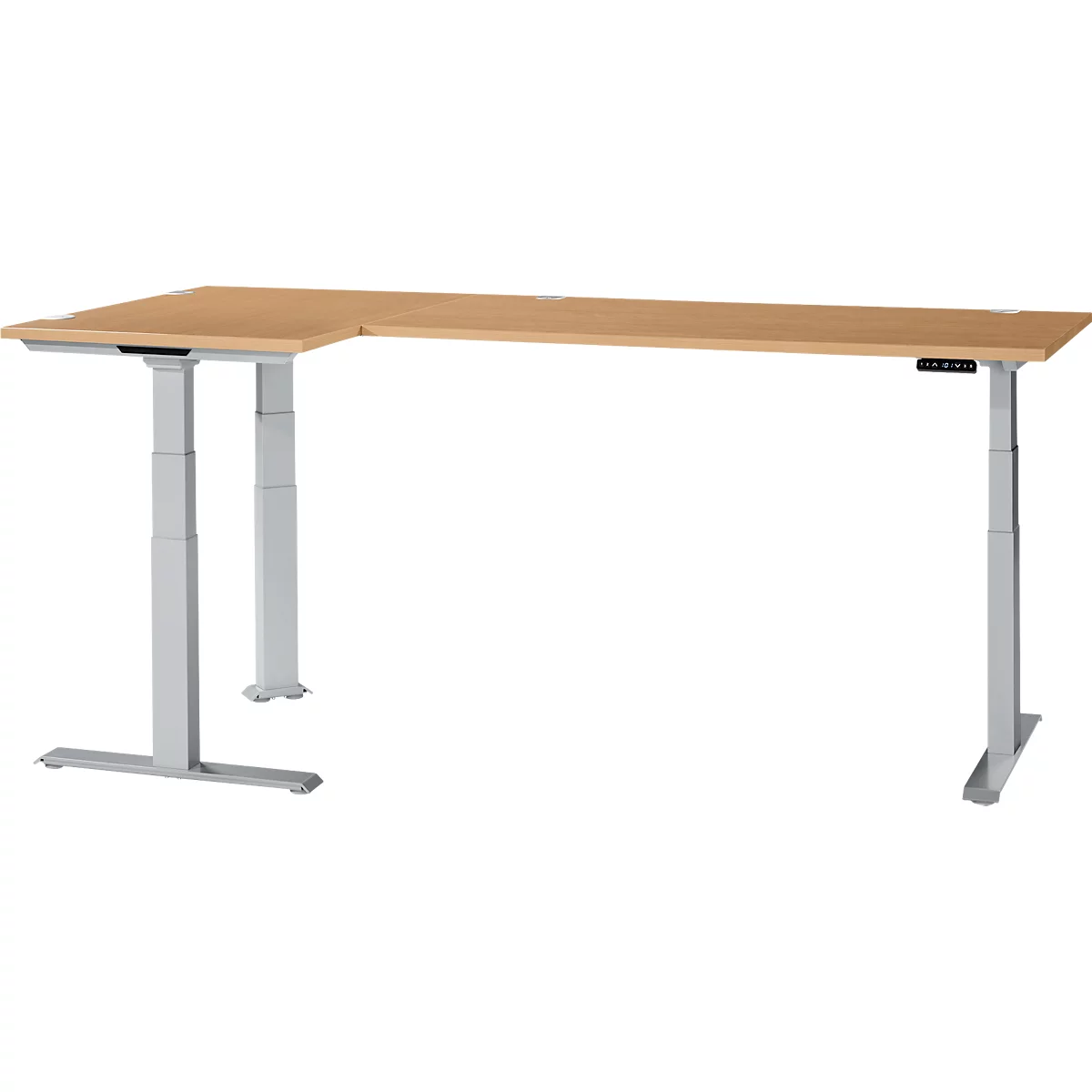 A light brown, ergonomic corner desk with height-adjustable, silver-gray legs. Controls are on the right.