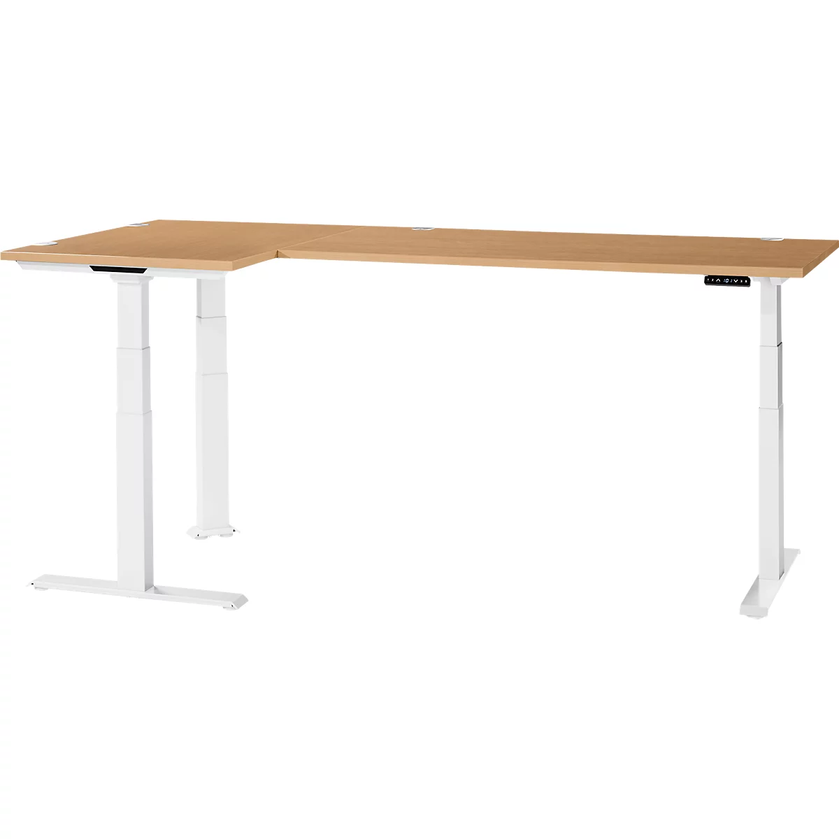 A bright corner desk. The tabletop is made of wood, the legs are white and height-adjustable. There is a control panel on the side.