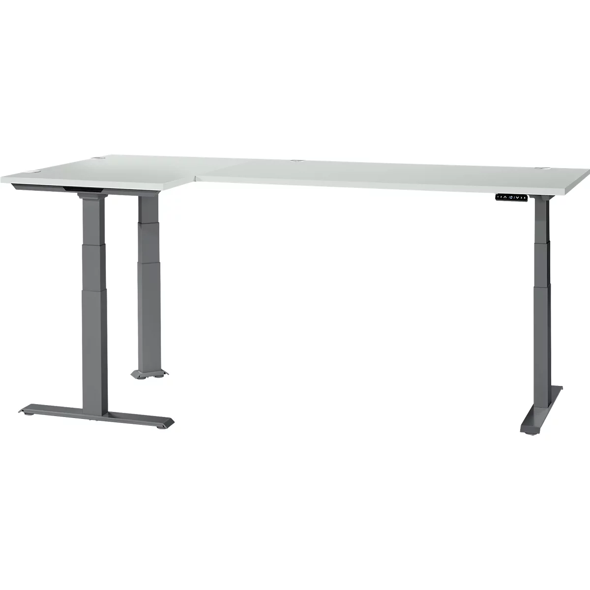 A white, height-adjustable corner desk with a gray frame. On the side controls for height adjustment.