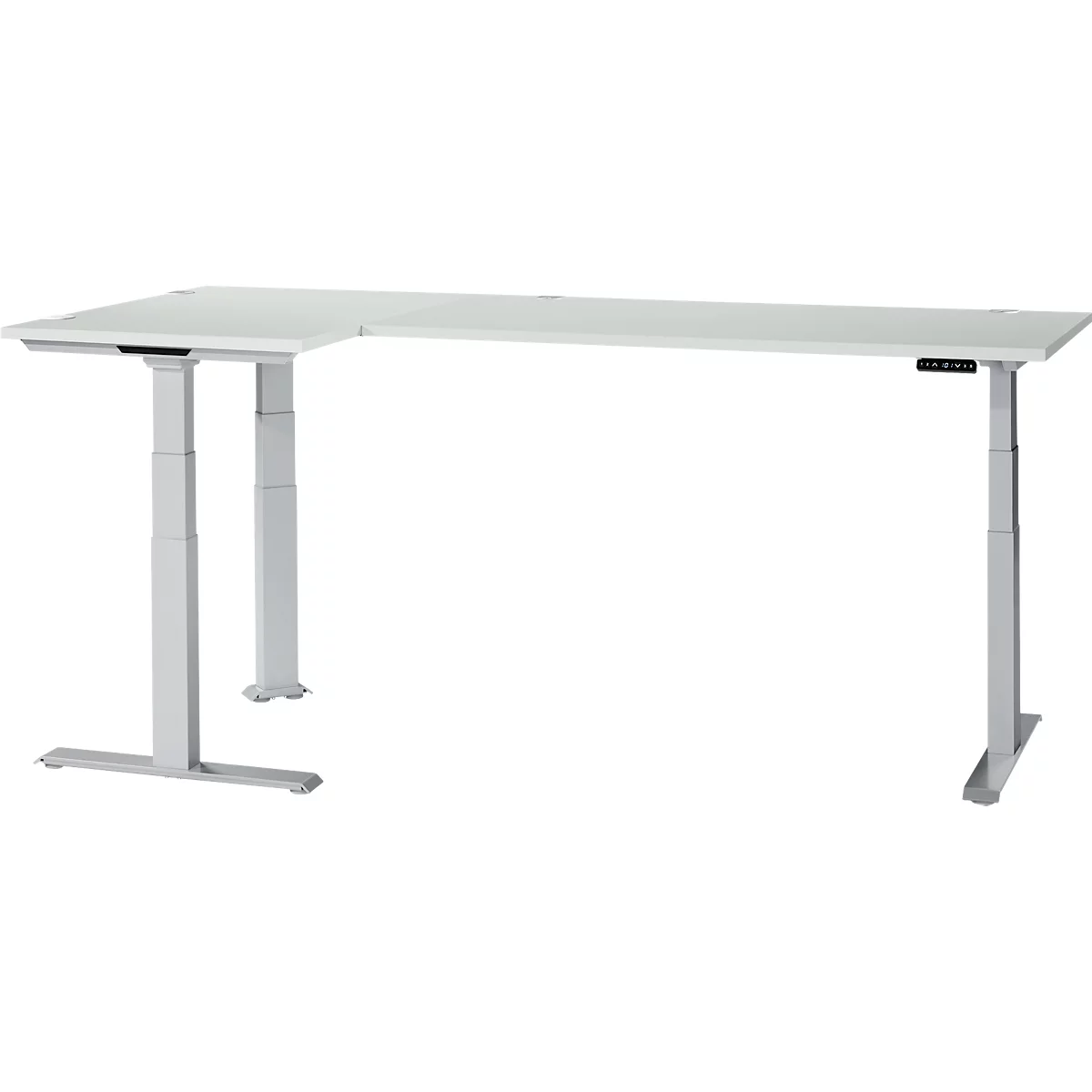 A white, height-adjustable corner desk on a gray background. The table has a control panel for height adjustment.