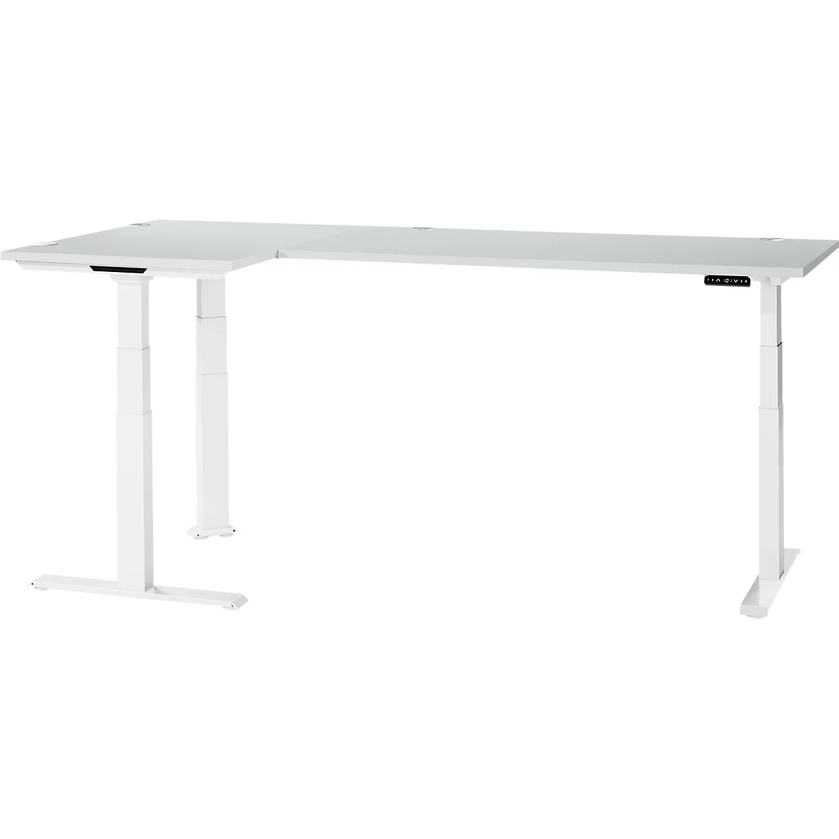 White, height-adjustable L-shaped desk. The table top and frame are white. There is a control panel on the right.