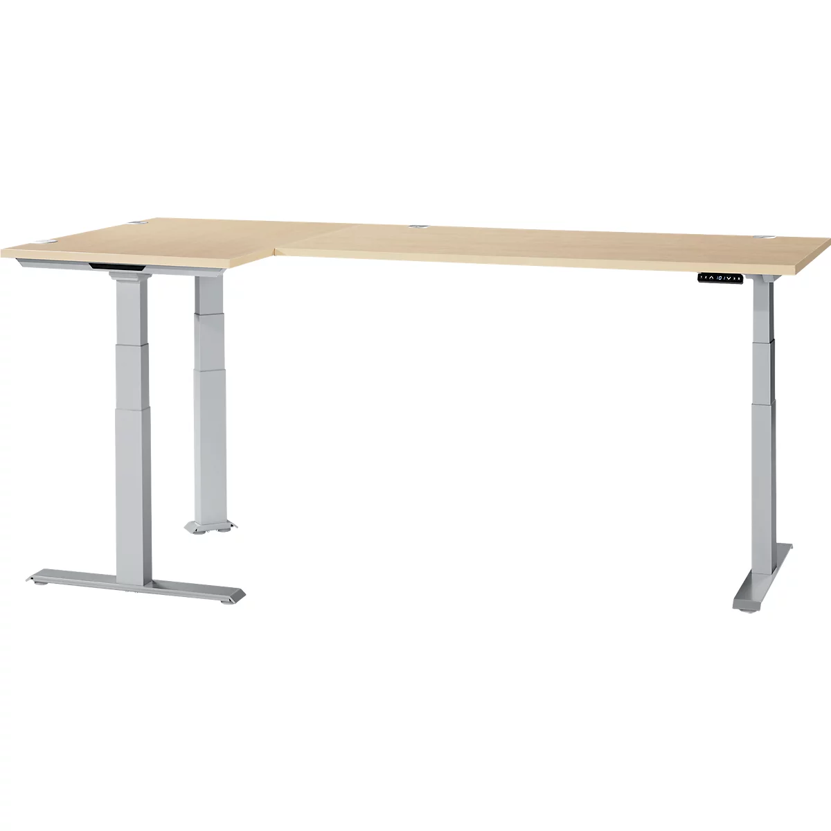 Light brown corner desk, adjustable height. Gray frame, control panel.