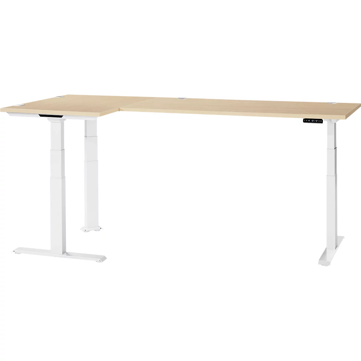 A light wooden corner desk with white height-adjustable legs and control panel.
