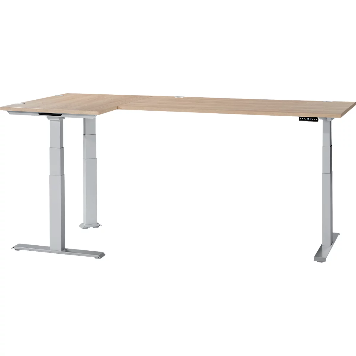A height-adjustable, L-shaped desk with a light wood top and silver legs.