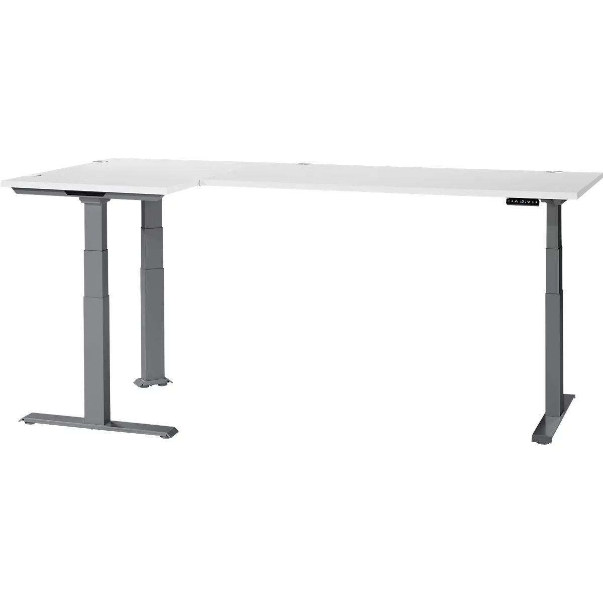 A white, height-adjustable corner desk with gray legs. The control panel is on the right.