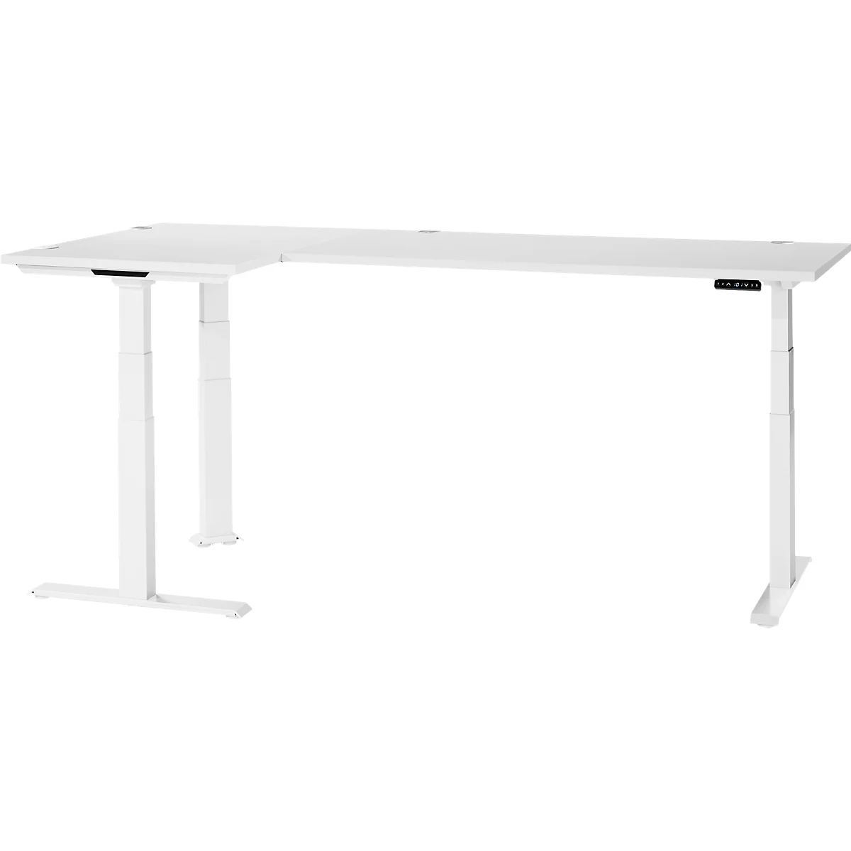 A white, L-shaped, height-adjustable desk with control panel and legs.
