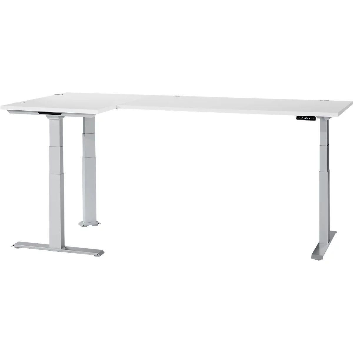 A white L-shaped height-adjustable desk on a grey base. Controls are on the right.