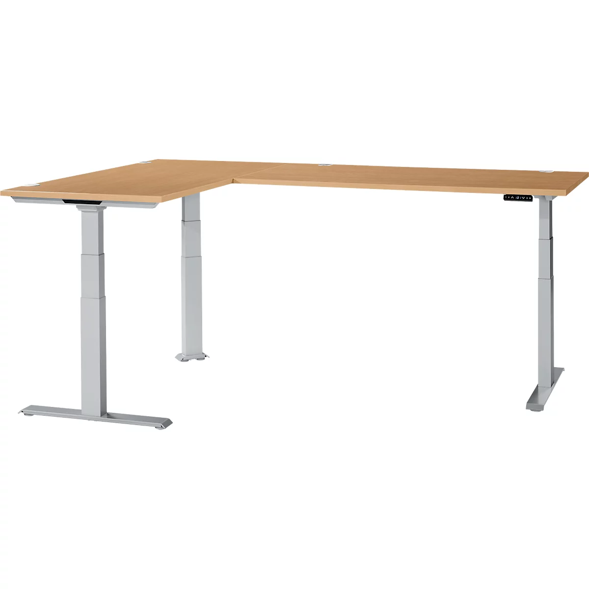 An L-shaped adjustable height desk. Light wood table top and light grey frame. Controls on the right side. White background.