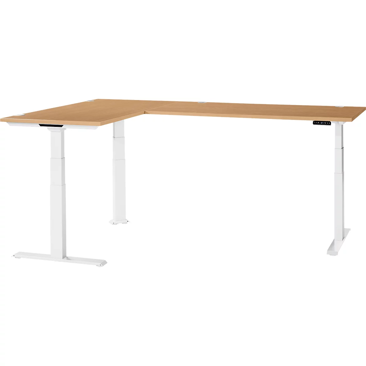 A white, height-adjustable corner desk with a light brown tabletop.