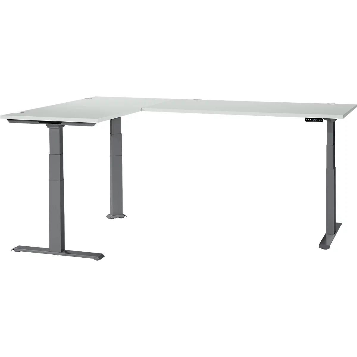 L-shaped desk, white, with height-adjustable gray metal legs. A control panel is on the right side.