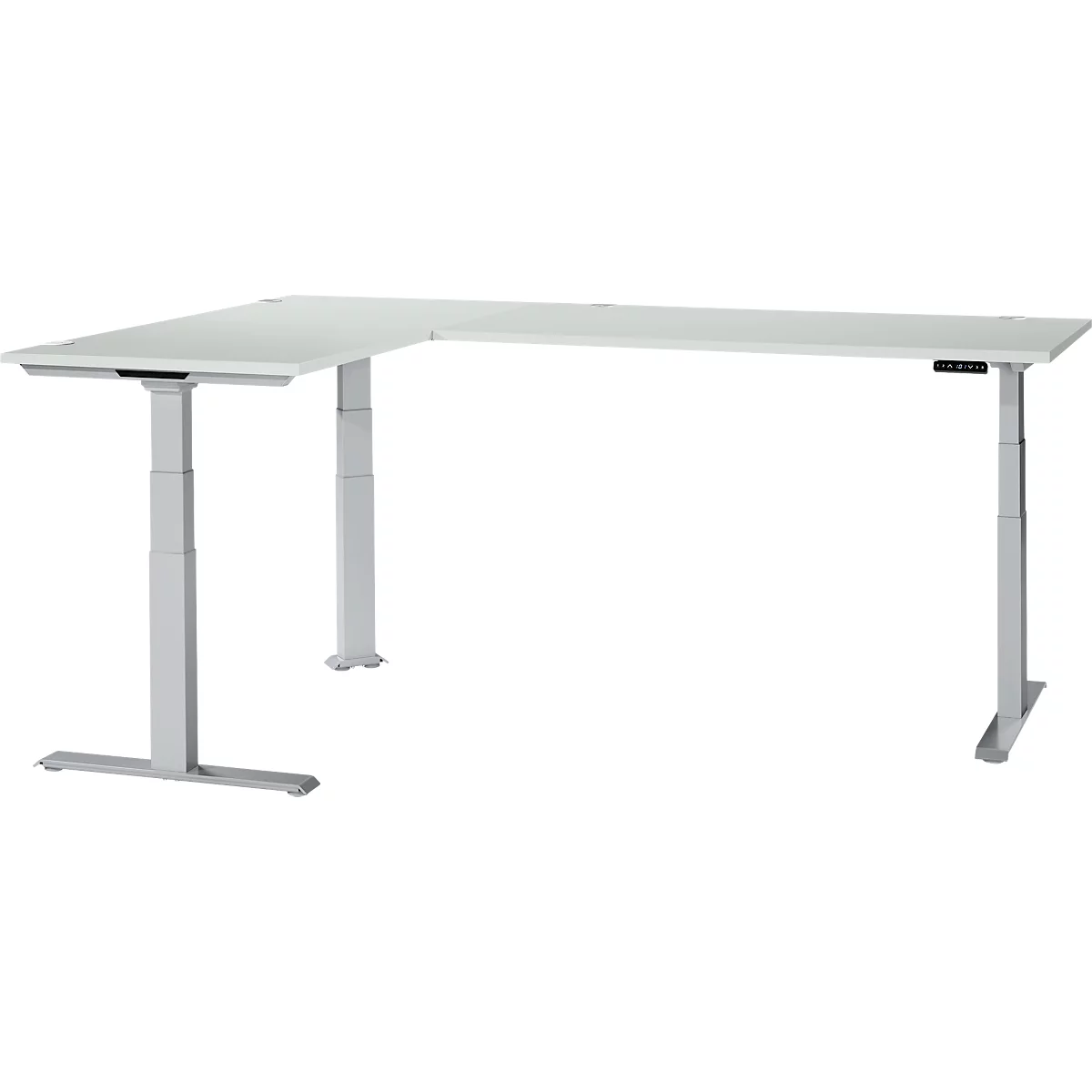A white, height-adjustable corner desk. The desk has two legs, a control panel and an L-shape.