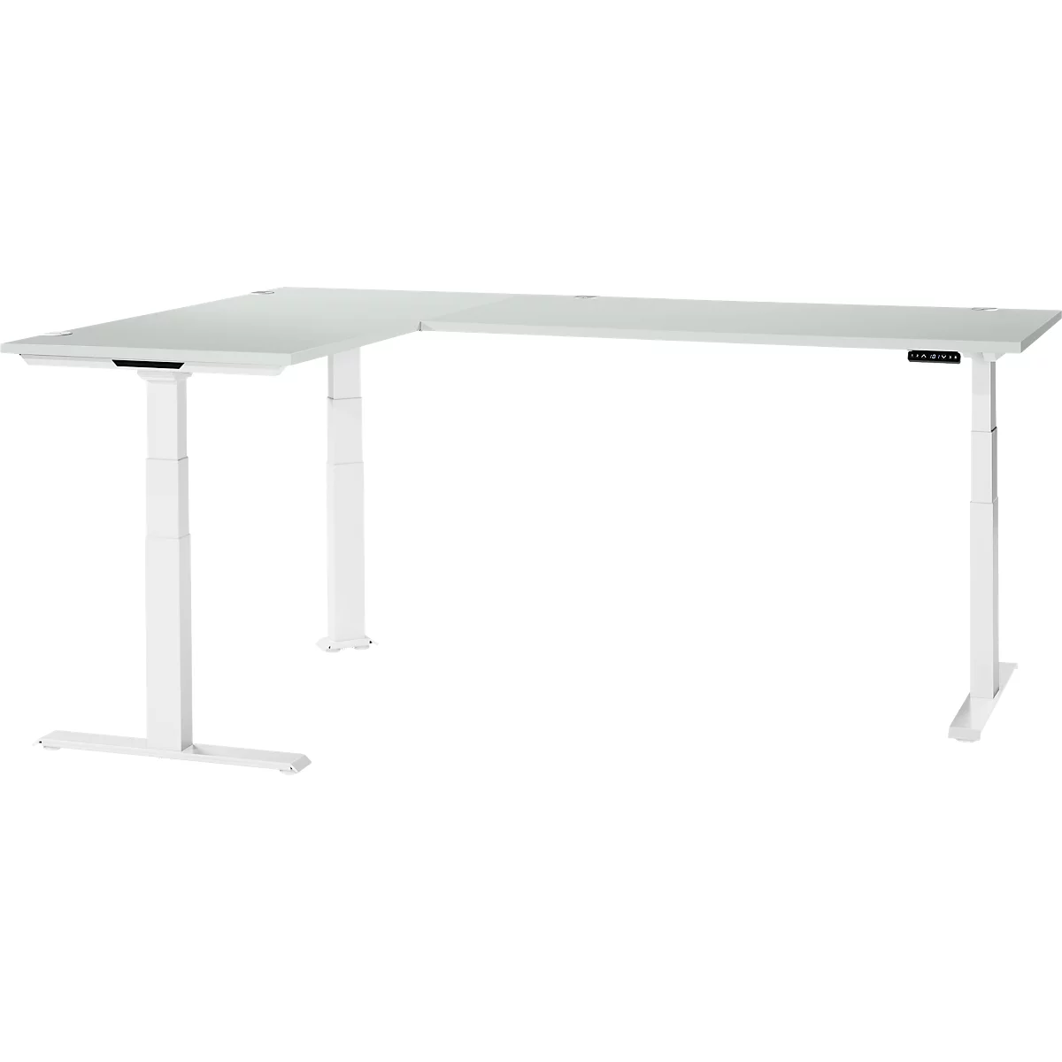 A white, height-adjustable corner desk. The tabletop is light gray, the legs are white. Control panel for height adjustment.
