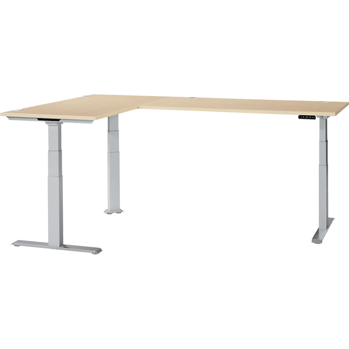 A corner desk with a light brown tabletop and silver, height-adjustable legs.