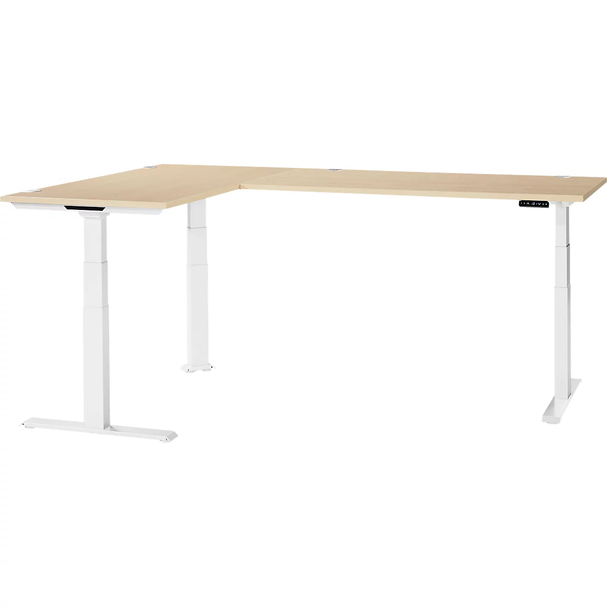 A corner desk with a light brown table top and white legs. The table height is adjustable. There is a control panel on the edge.
