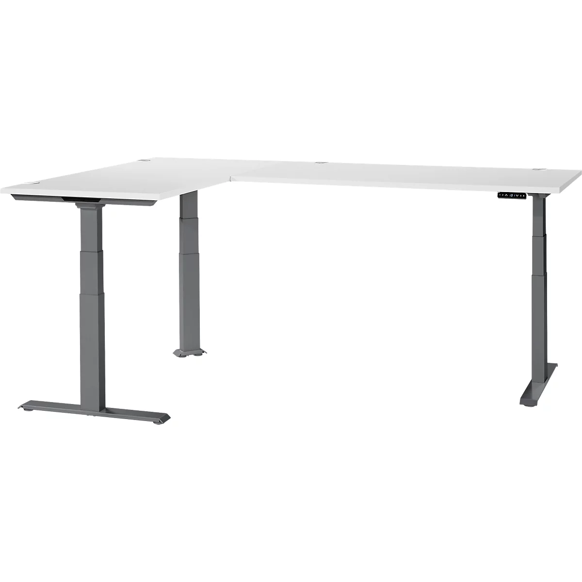 A white corner desk with gray height-adjustable legs.