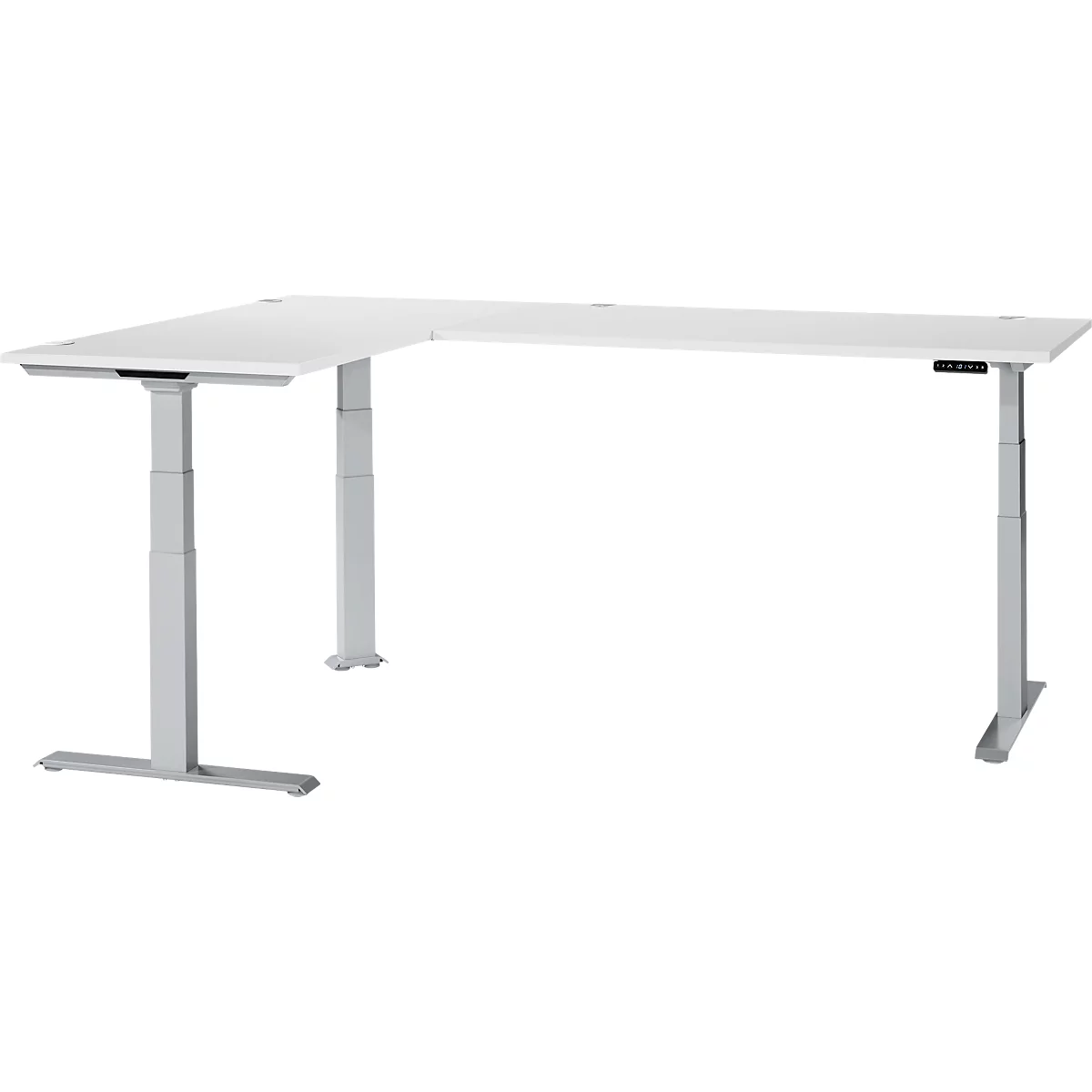 A white corner desk, adjustable in height, made of metal. There is a control on the table.