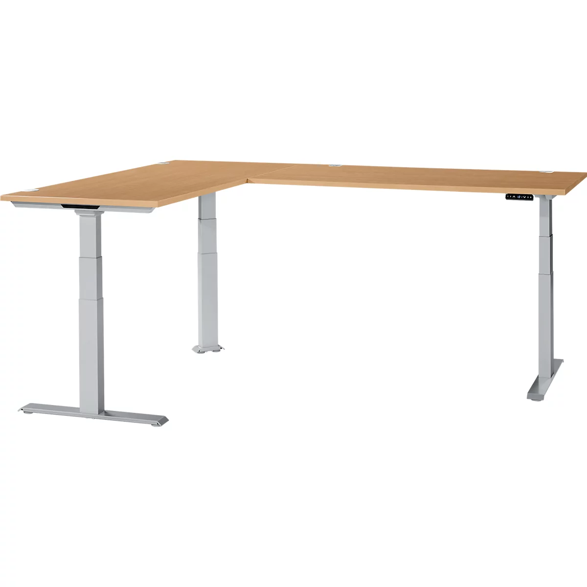 A beige corner desk with silver height-adjustable legs. A control panel on the right.